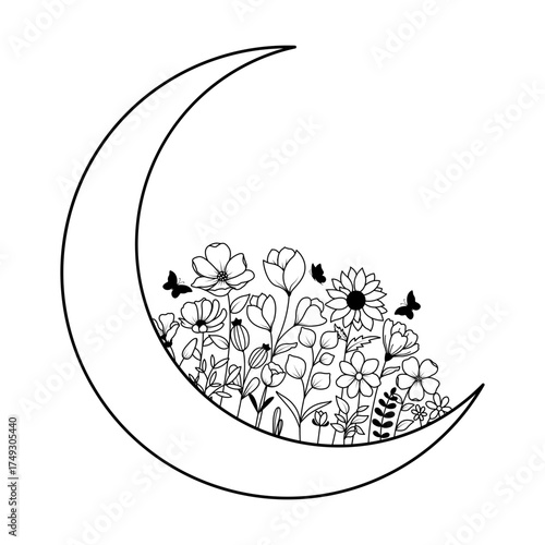 Floral crescent moon svg cut file. Isolated vector illustration.