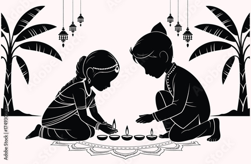 Silhouette of a Girl and Boy Lighting Diyas with Palm Trees and Hanging Lanterns children kneeling