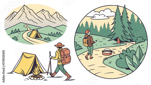 Backpackers Hiking Mountain Trails and Camping. Outdoor Adventure Travel and Nature Escape.