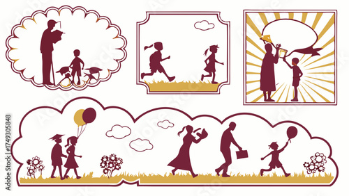 Happy Children And Adults Silhouette Vector Set. Kids Learning, Playing, Graduating, And Family Growth Journey. Education, Parenting, School, Development