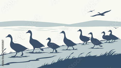 Duotone Illustration of Geese Walking in a Row by Lake Shore with Flying Birds in Serene Nature