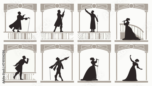 Dramatic Art Deco Silhouettes of Vintage Male and Female Performers on Theatrical Balconies for Stage Show, Entertainment, Event Promotion