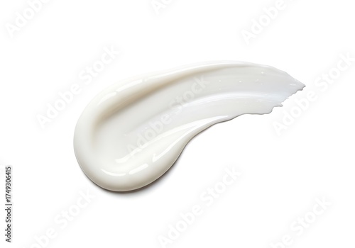 A smooth, white cosmetic cream swatch elegantly swirled on a clean white background, showcasing its texture and consistency.