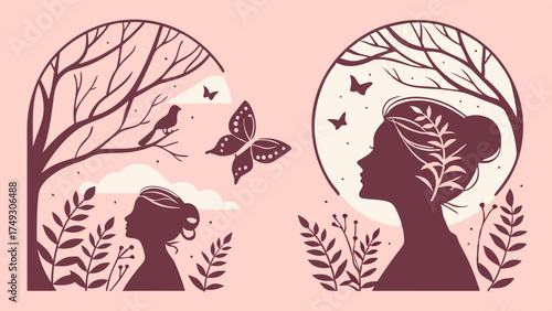 Empowered Woman Profile Silhouette with Nature Leaves and Butterflies. Female for Mental Health, Wellness, Self Care, Growth.