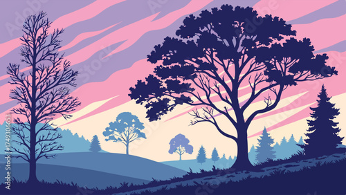 Serene Flat Design Vector Landscape with Silhouetted Trees and Vibrant Sunset Sky for Web Design Marketing and Wellness