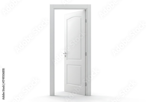 A clean white panel door is slightly ajar within its frame, set against a bright, minimalist white background.