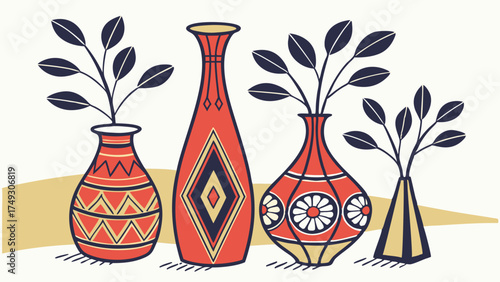 Vibrant Retro Geometric Vases with Green Plants for Stylish Home Decor and Interior Design Illustration