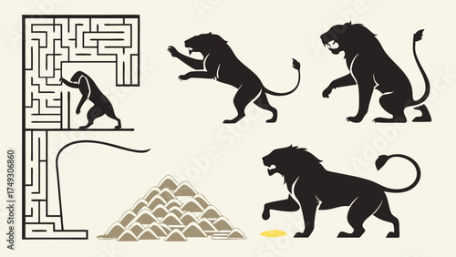 Small Person Navigating Complex Maze with Roaring Lions and Obstacles for Business Strategy, Competition, and Resilience
