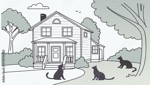 Peaceful Home with Three Cats Sitting in the Yard. Black and White Line Art Illustration for Pet Care, Real Estate, and Family Lifestyle.