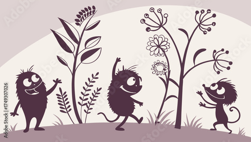 Playful Furry Creatures Exploring Whimsical Garden. Happy Childhood Imagination Illustration for Kids Books, Nursery Decor, and Education.