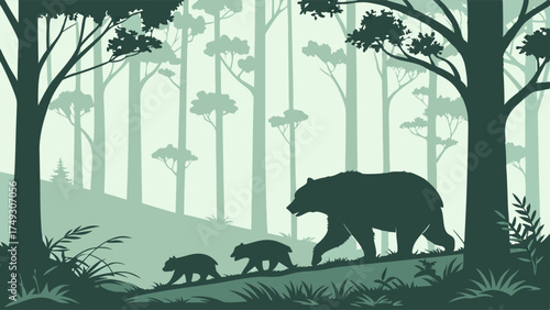 Serene Mother Bear and Two Cubs Walking Through Green Forest Silhouette. Wildlife Conservation, Nature Education, Outdoor Adventure Graphics.