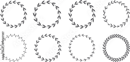Collection of eight delicate floral leaf wreaths hand-drawn elements for rustic design projects