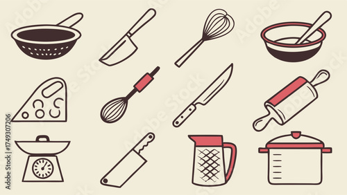 Minimal kitchen utensils icon set with pots, knives and whisks – flat vintage style cooking tools illustration for food design and recipe projects

