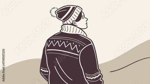 Cozy winter person in knitted sweater and beanie looking away – minimal line art portrait for seasonal lifestyle and fashion design
