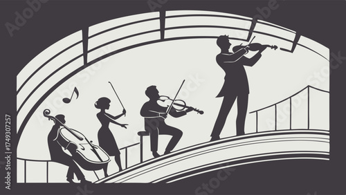 Classical orchestra musicians in elegant silhouette on curved stage – minimal concert hall illustration for music events and cultural design
