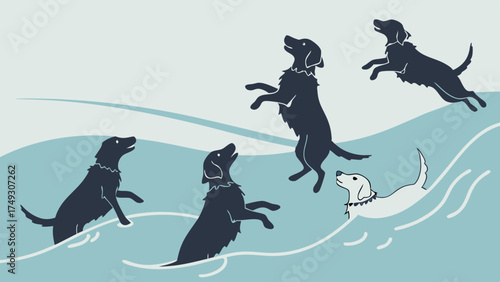 Playful dogs swimming and jumping in water – cute minimal pet illustration for summer, veterinary and animal themed design
