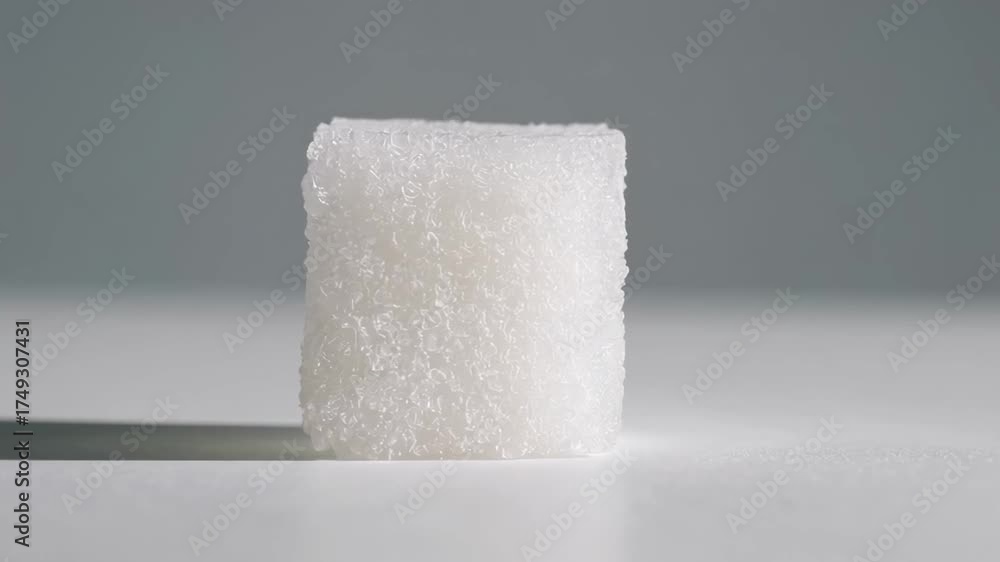 White sugar cube slowly rotates on a white surface, showcasing its texture and form against a gray backdrop, creating a simple yet visually engaging composition