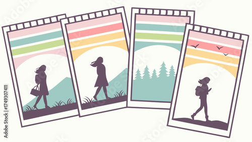 Pastel film frame silhouettes of woman walking through minimalist landscape scenes
