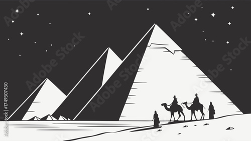 Desert night illustration with pyramids and camel caravan under starry sky

