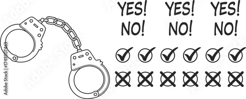 Handcuffs and choice symbols representing legal decisions and judgments