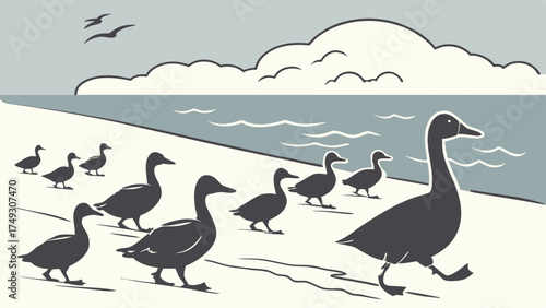 Group of Geese Walking Near Ocean Shoreline in Calm Natural Seaside Environment
