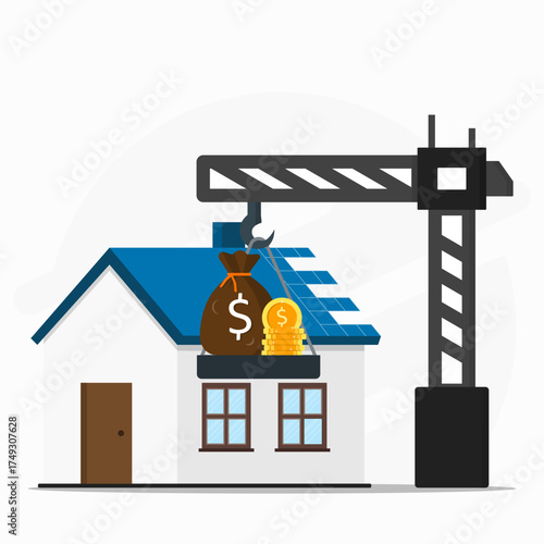 Cost of home renovation concept. Illustration of a house with a roof still under construction with a crane carrying  stack of coins.