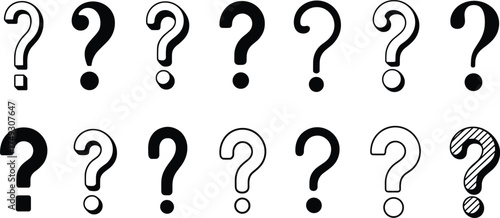 Collection of hand-drawn question marks symbols expressing inquiry confusion and curiosity varied styles
