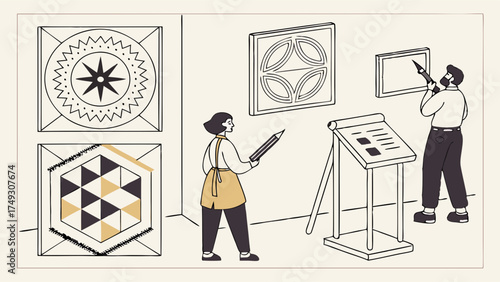 Artist Demonstrating Geometric Pattern Design on Board for Creative Education and Digital Illustration Use
