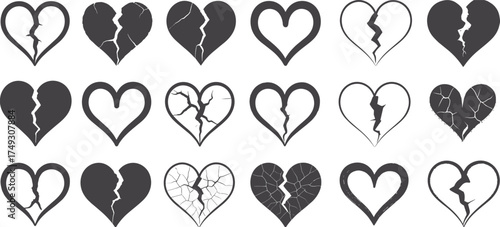Collection of various cracked and solid heart shapes in a grid layout for design elements