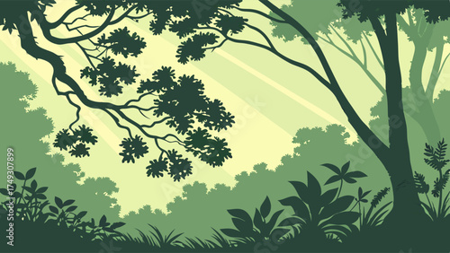 Sunlight through dense forest trees creating peaceful and dramatic nature illustration
