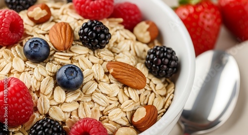 Oatmeal delight with fresh berries and nuts, wholesome breakfast scene