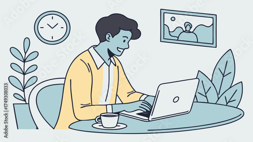 Smiling man working on laptop at home office desk for remote work, freelance and modern business lifestyle illustration
