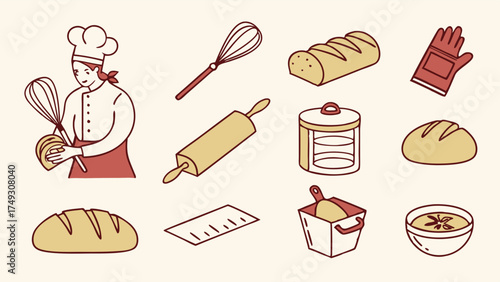 Baker and bread illustration with baking tools and ingredients for bakery, cooking and food education design projects
