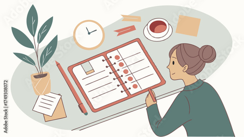 Woman planning tasks at desk with notebook and coffee for productivity, time management and lifestyle illustration
