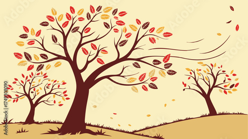 Windy autumn landscape with trees and falling leaves for seasonal background illustration and nature themed design projects
