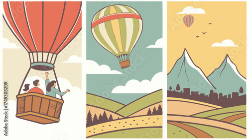 Hot air balloon flying over scenic mountains and valley for peaceful travel landscape and inspirational background illustration
