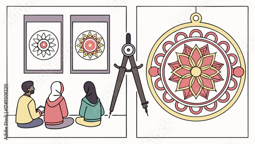 People observing traditional mandala artwork in gallery setting for cultural, spiritual and creative design inspiration
