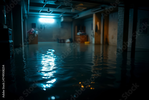 flooded basement interior with reflections of neon light on water surface showing home disaster damage emergency and cleanup concept with dark moody atmosphere and abandoned household items