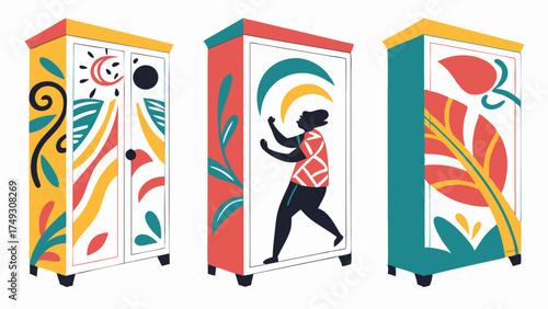 Colorful decorative lockers with abstract shapes and artistic patterns for creative interiors and playful modern design concepts
