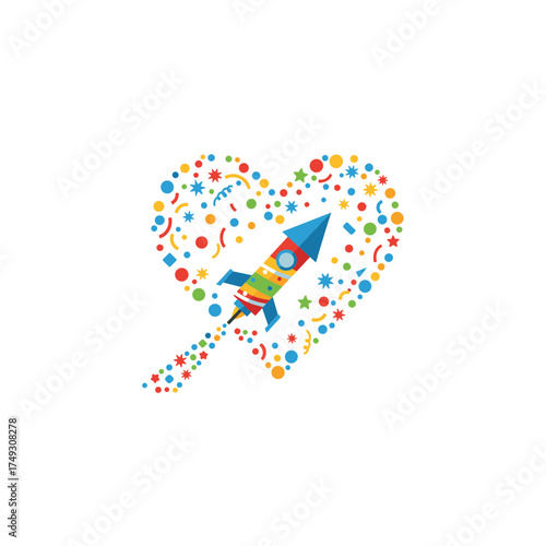 Colorful rocket launching from heart shape filled with confetti  