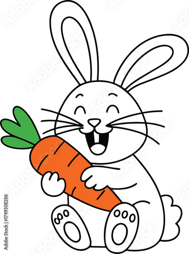 Joyful cartoon rabbit happily hugging a bright orange carrot with green leaves