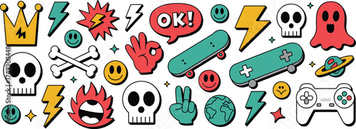 Cool cartoon sticker pack featuring skulls lightning bolts and skateboards for youthful designs