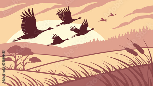 Migrating birds flying over rural landscape at sunset nature illustration background
