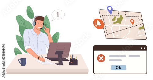 Customer support agent wearing a headset, assisting with map issue involving geolocation error alert window. Ideal for troubleshooting, customer service, navigation, location services, mapping, error