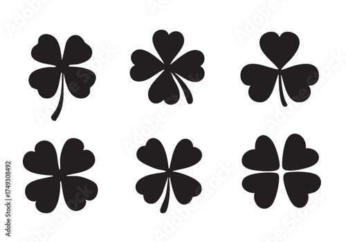 Four leaf clover silhouettes in various shapes. Simple lucky clover icons for St. Patrick’s Day, logo, and nature design.