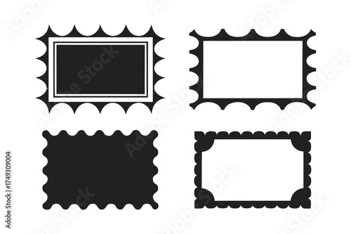 Collection of four vintage postage stamp outlines in black and white with decorative perforated edges