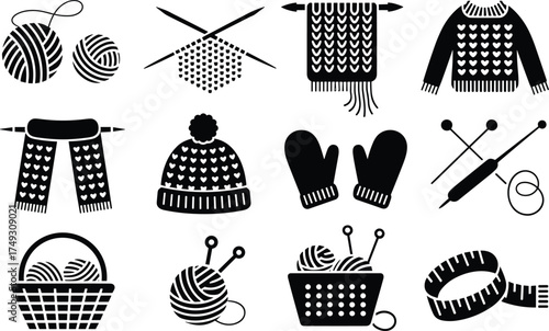 Collection of black and white icons representing knitting and crochet hobbies