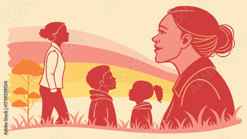 Empowering Woman Mentoring Children for Future Growth, Nurturing Education, Family Support, Personal Development Journey Art