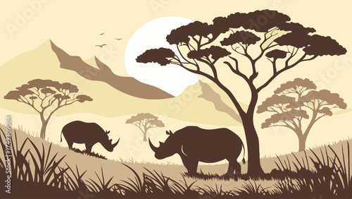 African Rhinos Roaming Wild Savanna Landscape at Sunset. Majestic Wildlife Conservation and Safari Travel Background for Nature Education and Adventure.