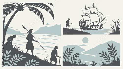 Vintage Woodcut Silhouettes of Historical Exploration, New World Discovery, Indigenous Life, and Sailing Ships.
